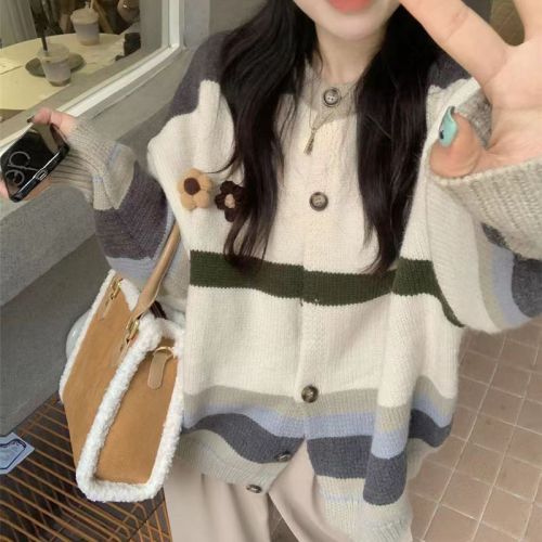 Contrasting color striped sweater women's autumn and winter 2023 new retro Hong Kong style chic lazy wind top knitted cardigan jacket