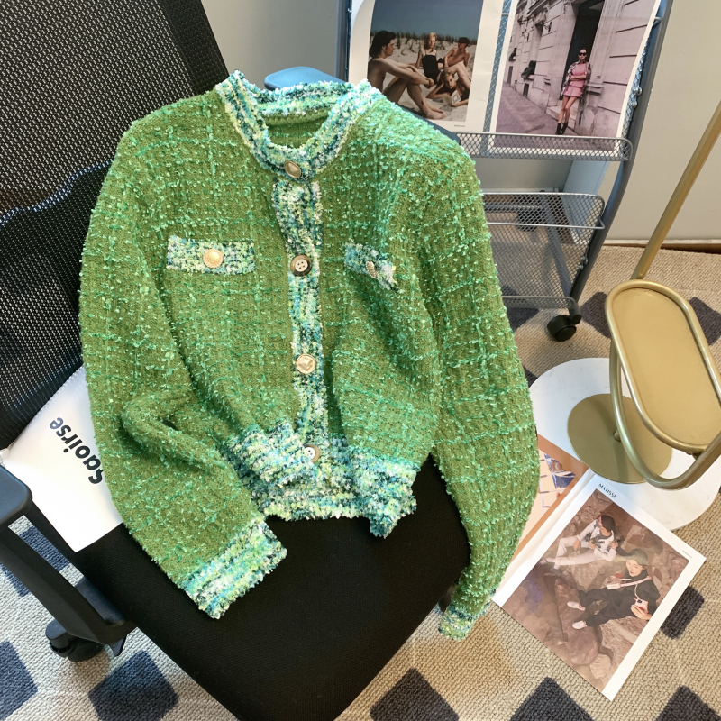 Green butterfly yarn short cardigan knitting autumn new women's coat design sense of small fragrance style high-end top