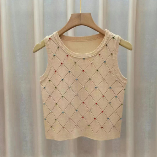 Ice silk design girly rhombus hollow color diamond beaded knitted vest