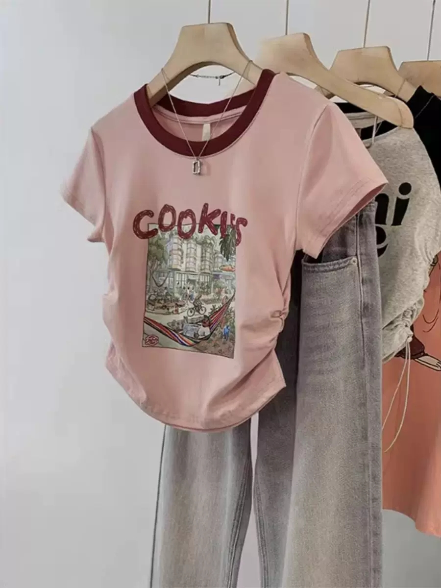 Cotton back bag 210g Odell 92 cotton 8 spandex short-sleeved T-shirt women's printing is irregular