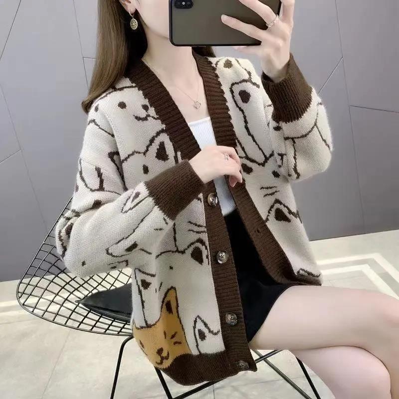 Autumn 2023 new lazy style V-neck loose outer wear cute cat knitted cardigan foreign style sweater jacket female