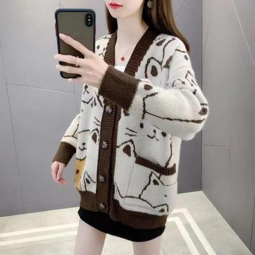 Autumn  new lazy style V-neck loose outer wear cute cat knitted cardigan foreign style sweater jacket female