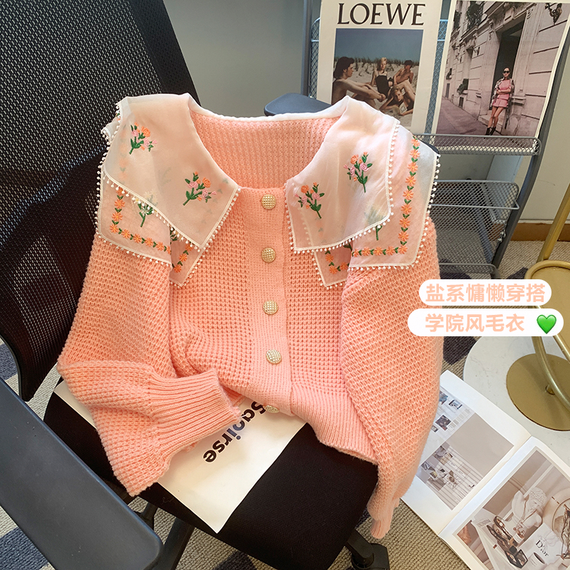 Gentle Wind Chiffon Stitching Doll Collar Knitted Cardigan Women 2023 French Loose Outer Wear Age-Reducing Sweater Autumn