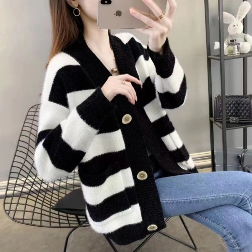  trendy striped coat women's new loose large sweater women's cardigan thickened to keep warm with imitation mink women's top