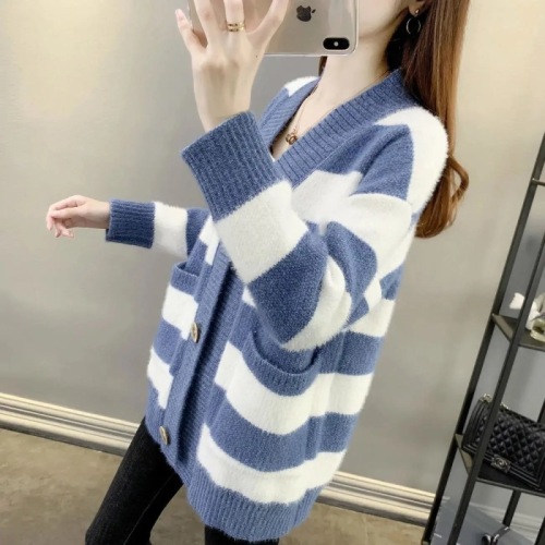  trendy striped coat women's new loose large sweater women's cardigan thickened to keep warm with imitation mink women's top