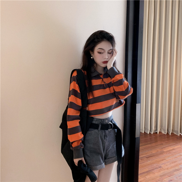 Hyuna's same style contrasting color striped polo shirt women's short section is thin and thin section exposed navel long sleeve hip-hop jazz dance top