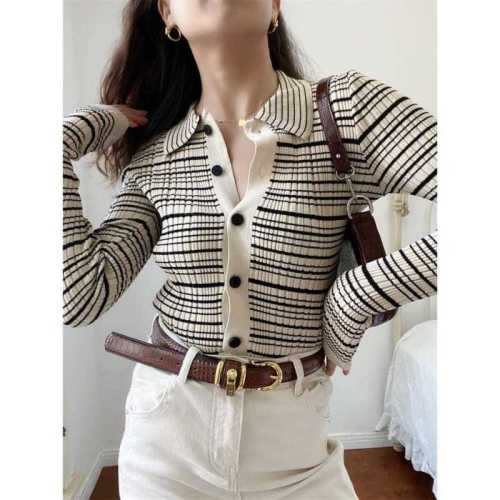 French retro style commuter POLO collar single-breasted sweater Contrasting color striped temperament sweater cardigan