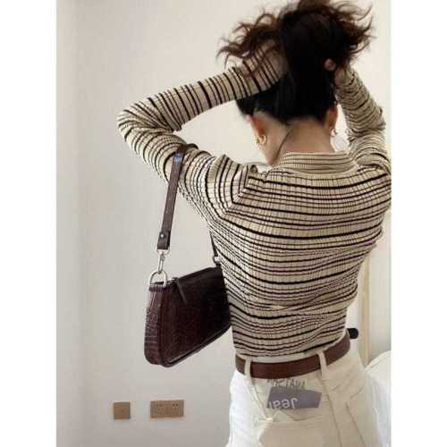 French retro style commuter POLO collar single-breasted sweater Contrasting color striped temperament sweater cardigan