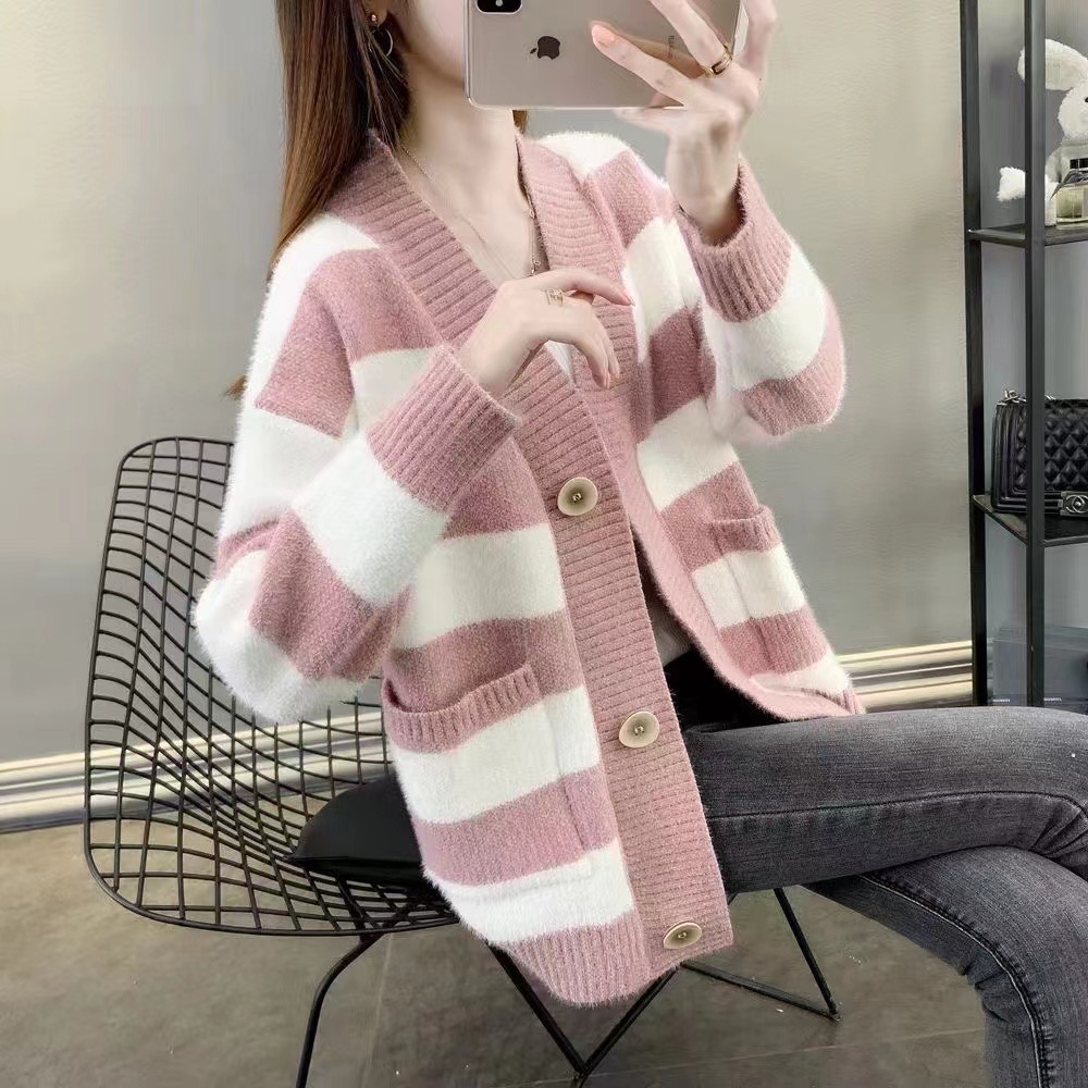 2023 trendy striped coat women's new loose large sweater women's cardigan thickened to keep warm with imitation mink women's top