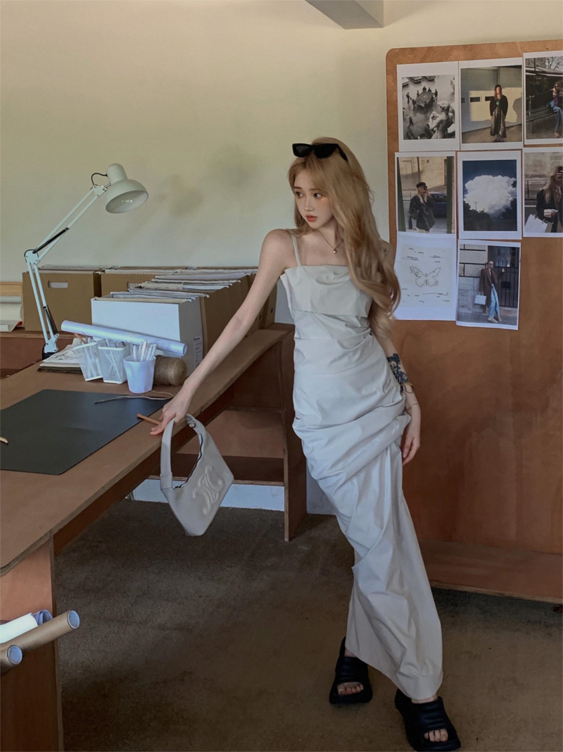High-quality pleated suspender dress women's summer waist waist tooling skirt long skirt two-piece set