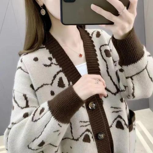 Autumn  new lazy style V-neck loose outer wear cute cat knitted cardigan foreign style sweater jacket female