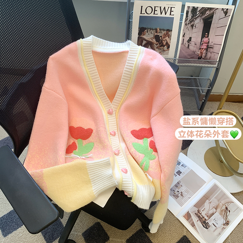 Color-block stitching V-neck flower bow knitted cardigan top long-sleeved women's 2023 autumn and winter new style