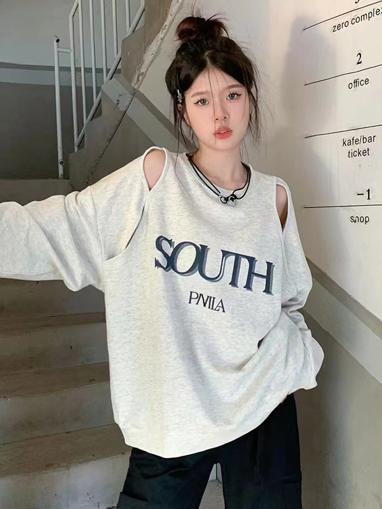 Official photo 260g large fish scale niche off-shoulder printed sweatshirt for women with hollow long sleeves