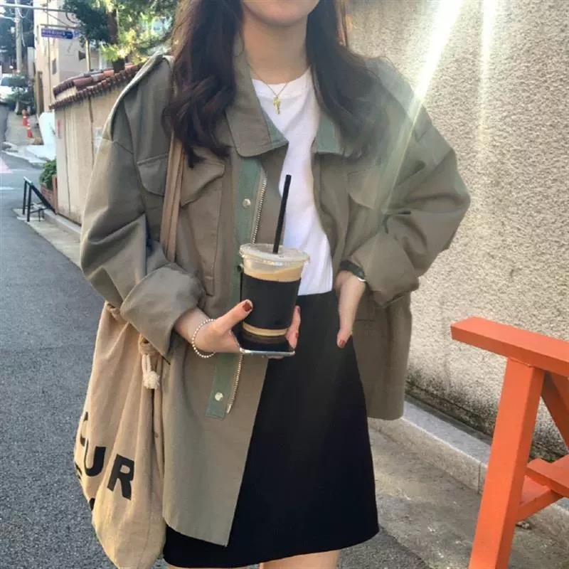 Korean green tooling windbreaker women's autumn and winter casual retro small bf wind short coat loose all-match coat