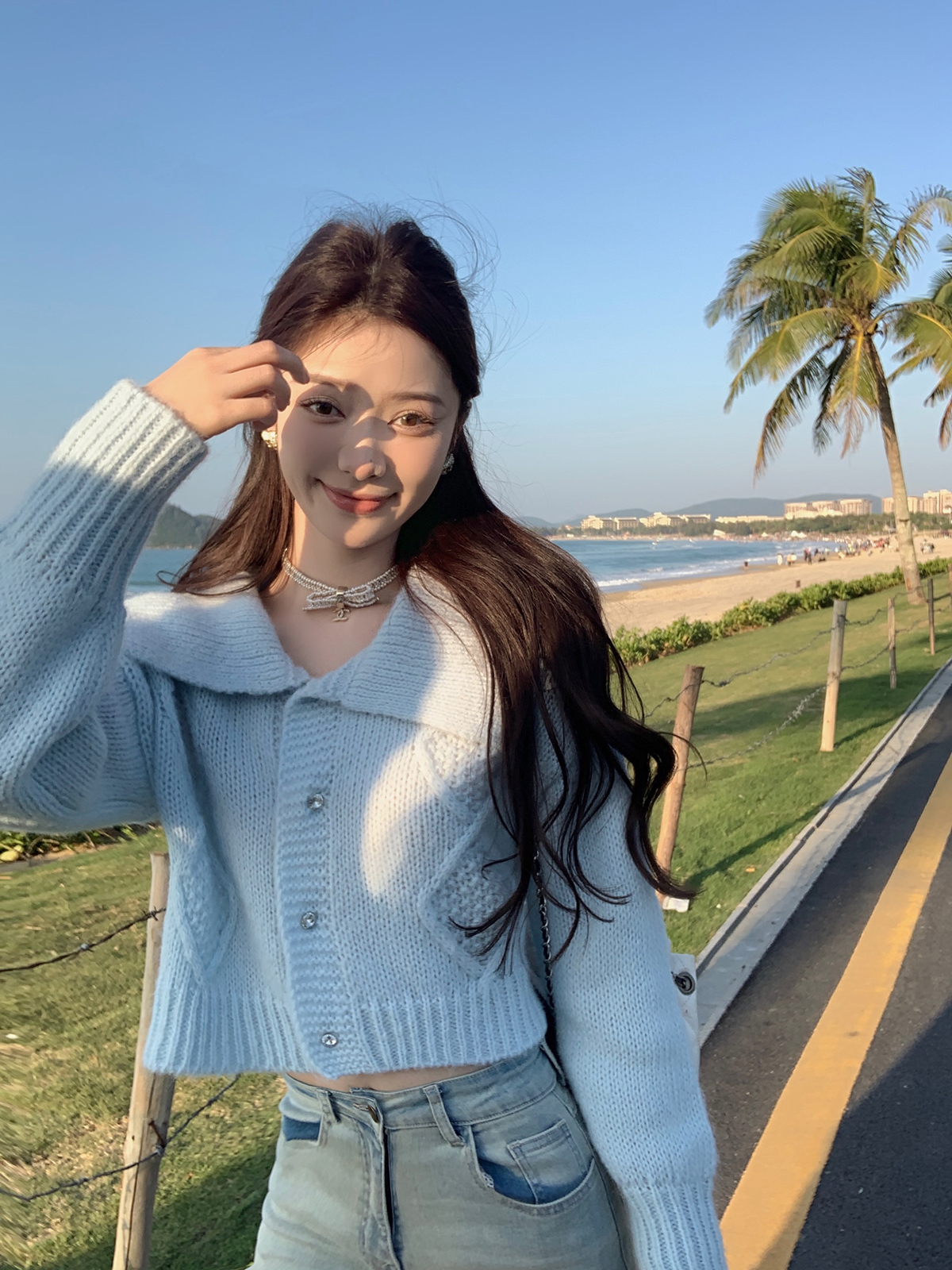 Chen Jianan's high-end super-good-looking knitted cardigan jacket spring and autumn 2023 new gentle style lapel sweater women