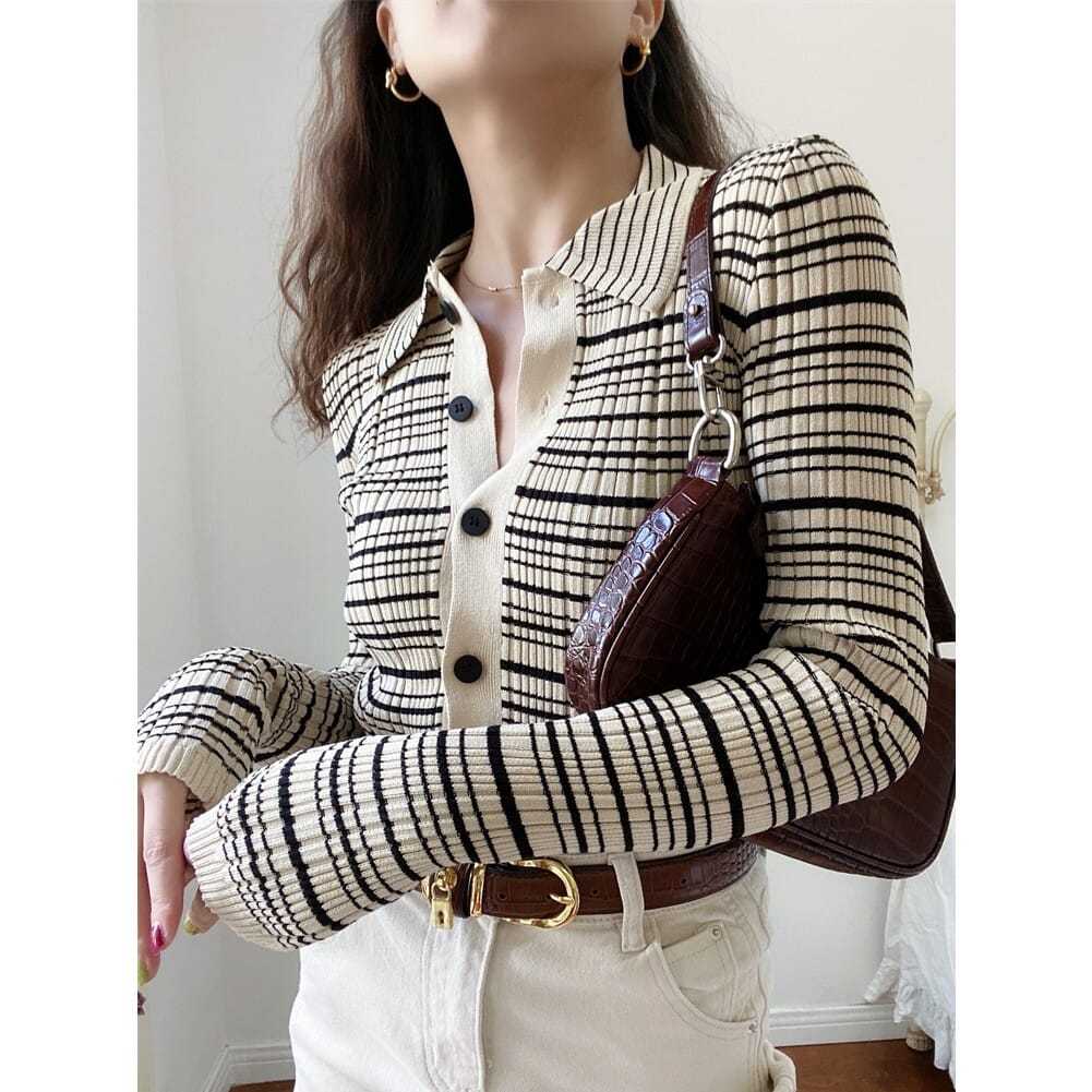 French retro style commuter POLO collar single-breasted sweater Contrasting color striped temperament sweater cardigan