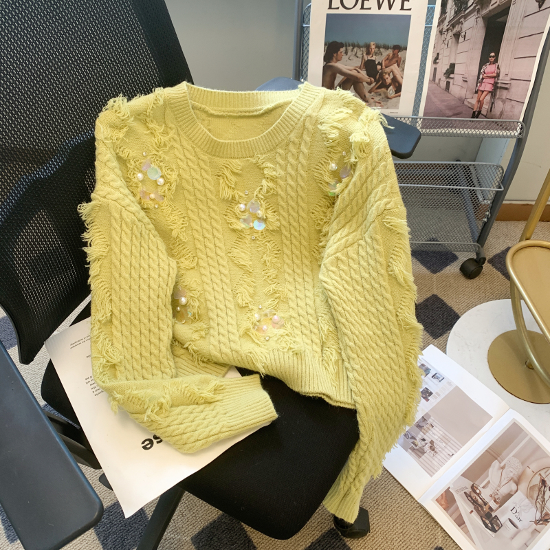 Sequin tassel gentle wind soft glutinous knitted sweater women's autumn and winter sweet loose lazy high-end top