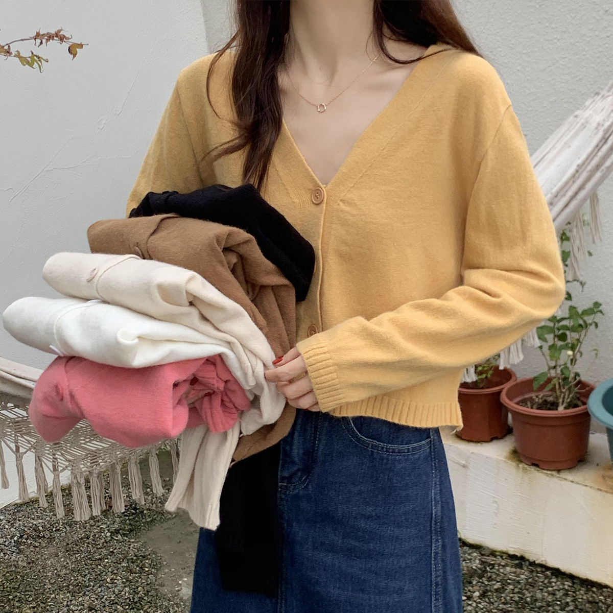 V-neck cropped cardigan jacket slimming long-sleeved sweater top