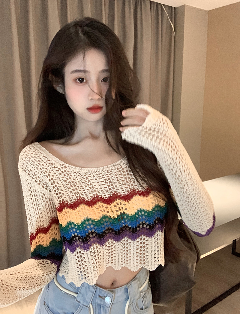 ~Internet celebrity style rainbow knitted hollow blouse women's autumn short top