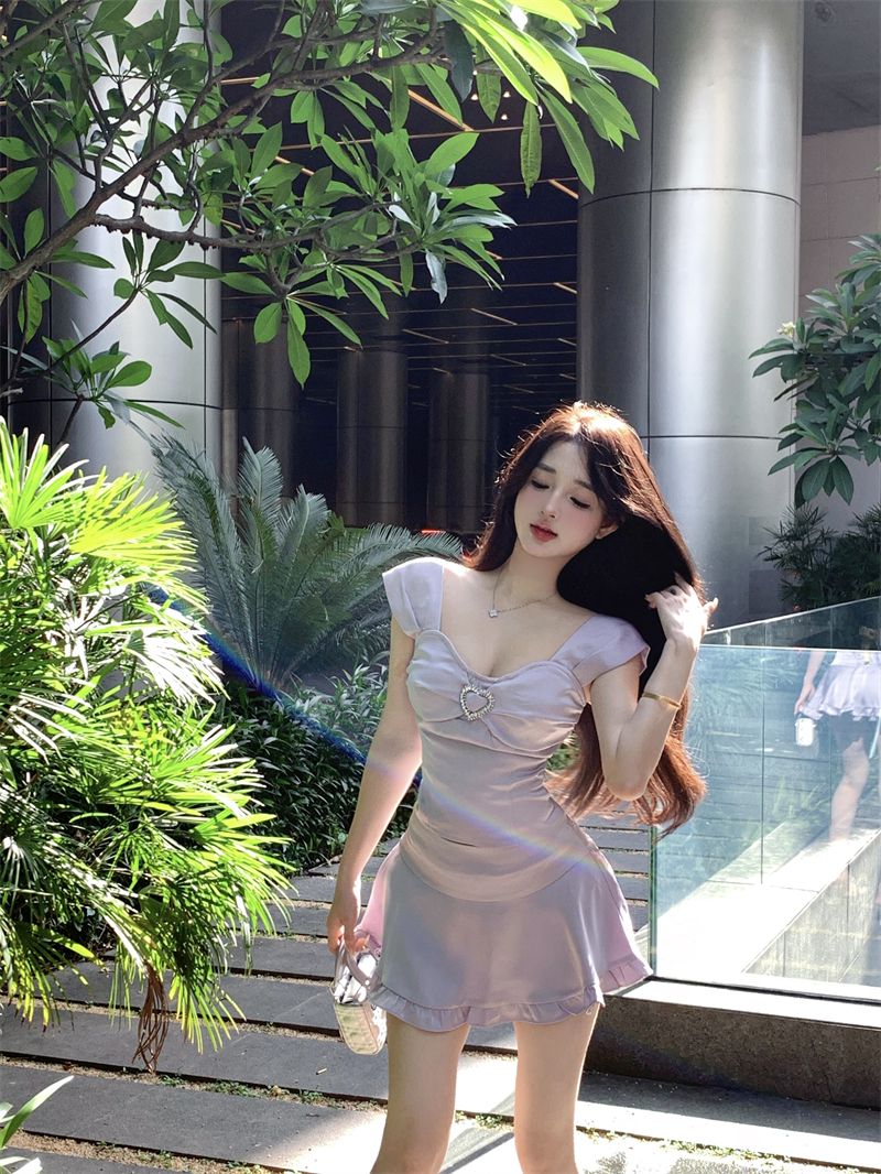 Purple tube top suit female summer pure desire sweet moringa ears short skirt two-piece set