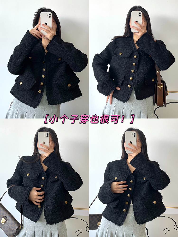Women's Tweed Black Fragrant Style Coat With Lining