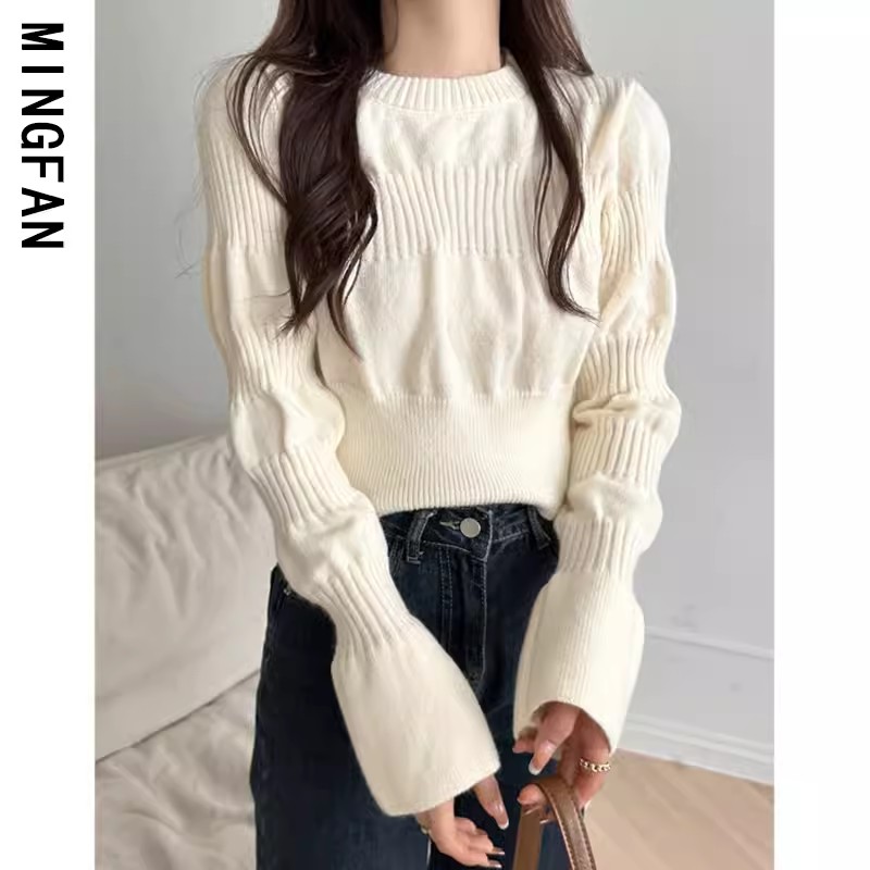 2023 new women's autumn and winter round neck puff sleeve chic knitted bottoming shirt with bud sleeve sweater with tide