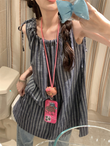 ~Korean style simple sleeveless suspender shirt striped tie vest foreign style top women's summer wide version