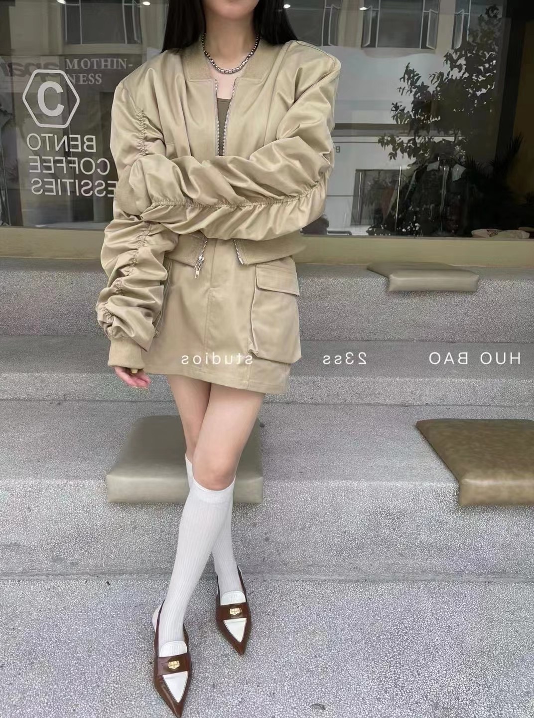Net red same style 2023 autumn new fried street tooling pleated pocket shoulder pad jacket + skirt motorcycle suit female