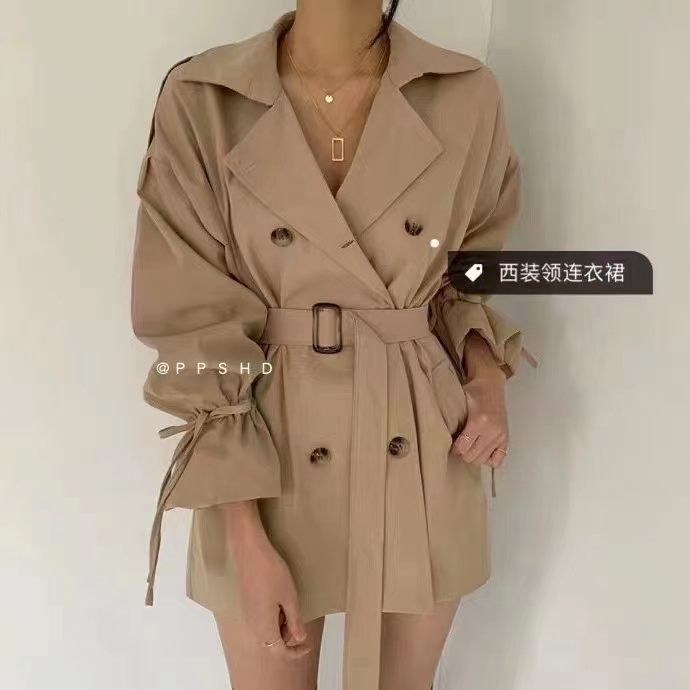 Korean autumn net red ins loose tie sleeves strappy windbreaker jacket women's mid-length waist