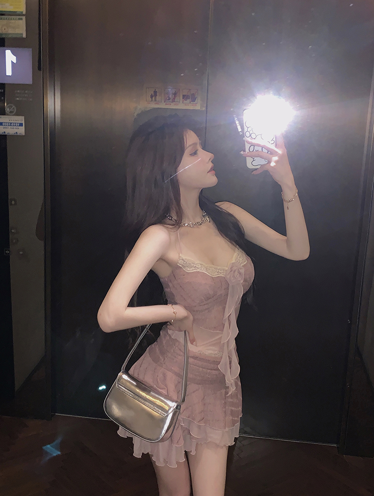 Hollow Knitting Handmade Rose Suspenders Jacket Skirt Ballet Style Suit Female Two-Piece Set