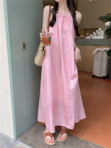 !  Holiday style pink smudged hanging neck strap dress female sweet slimming skirt long skirt