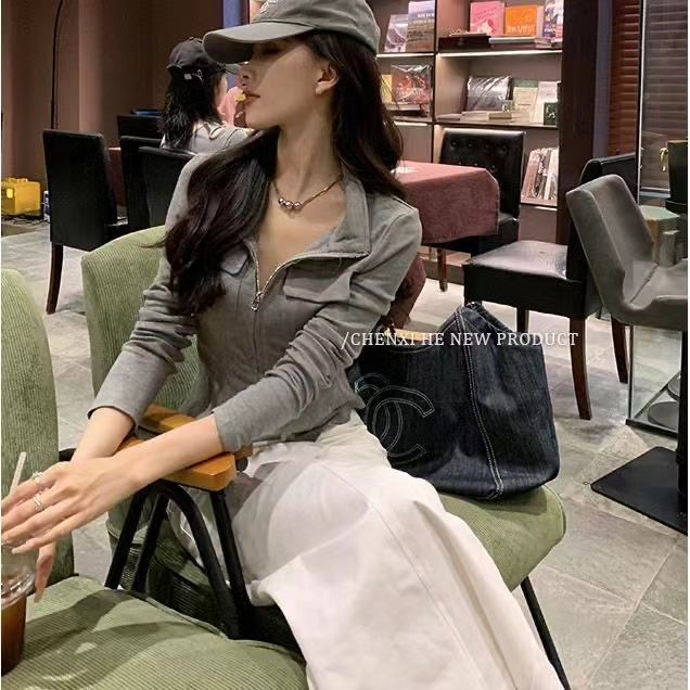 Sweet and spicy short coat stand-up collar zipper shirt top slim-fit chic long-sleeved bottoming cardigan student high-end polo shirt
