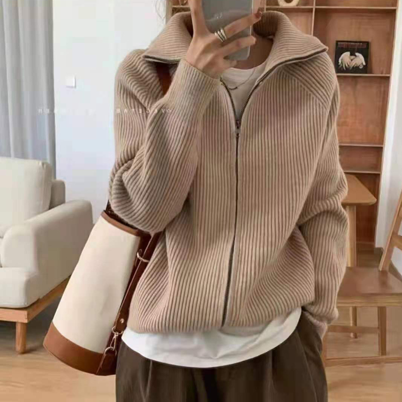 Autumn new Korean version cotton cashmere retro zipper knitted cardigan loose lazy wind lapel sweater coat