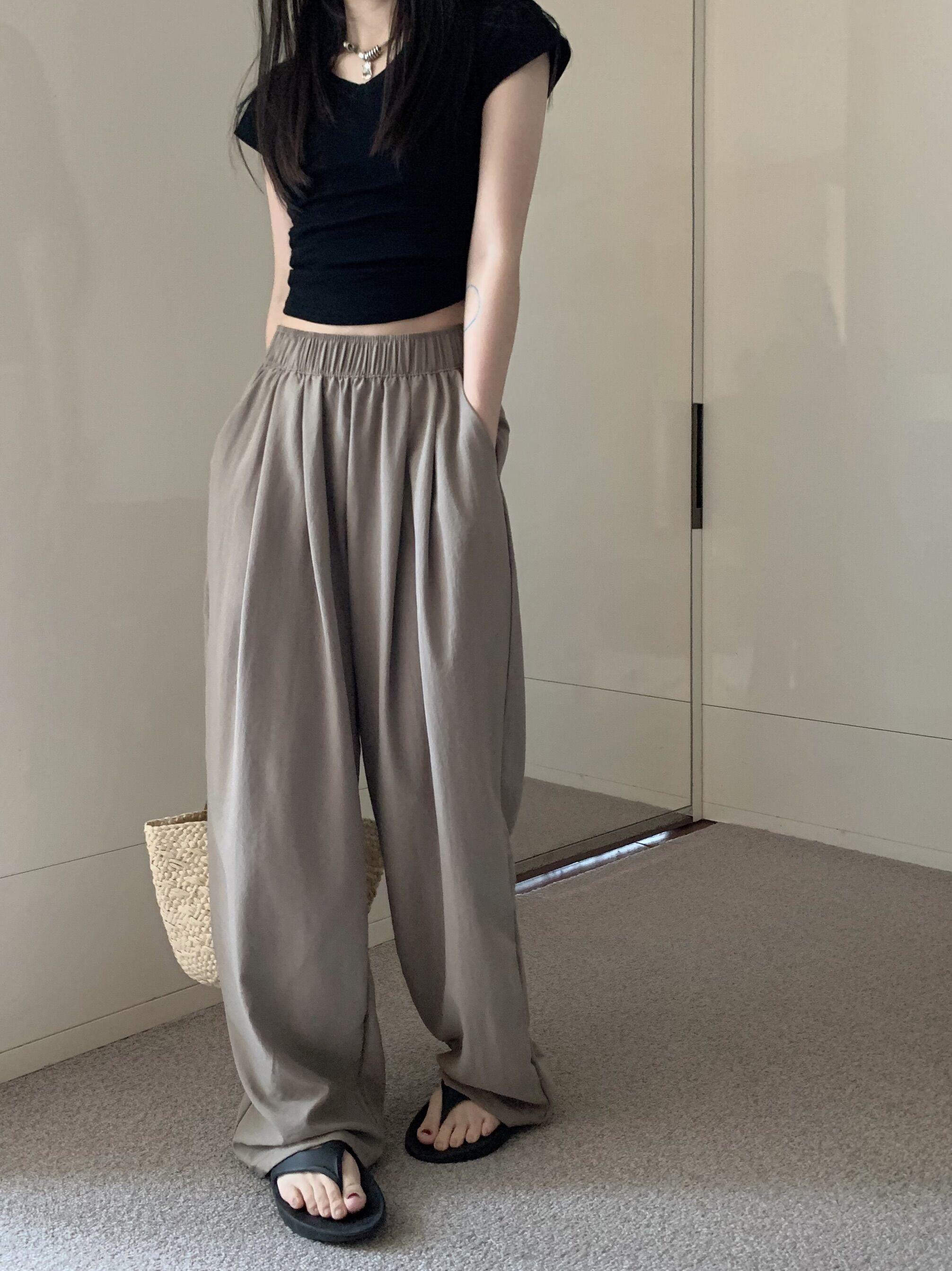 ~ Lazy style high waist casual Yamamoto pants loose straight leg drape wide leg long trousers