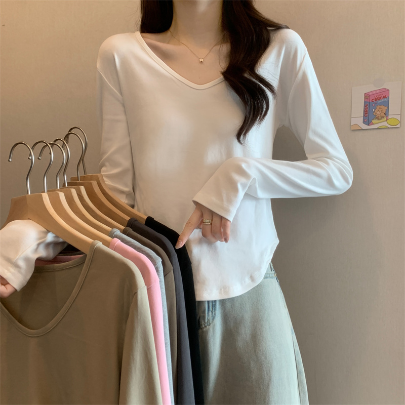 Irregular long-sleeved t-shirt women's design sense niche v-neck top bottoming shirt
