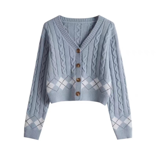 2023 new plaid hemp pattern low-neck single-breasted cardigan top Korean style long-sleeved sweater
