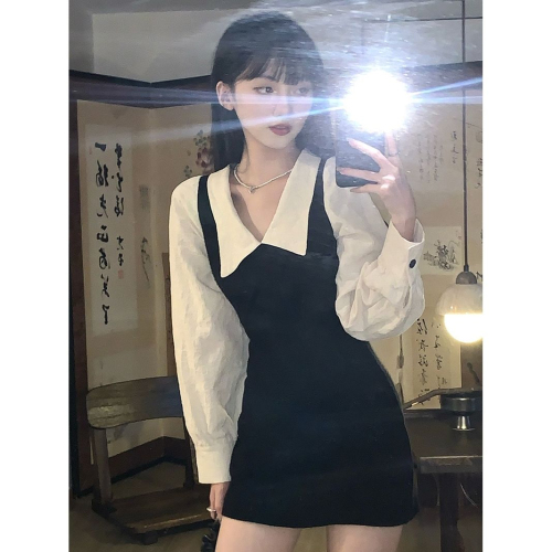 2023 autumn college hot girl style polo collar bag hip skirt black and white splicing fake two-piece shirt dress female