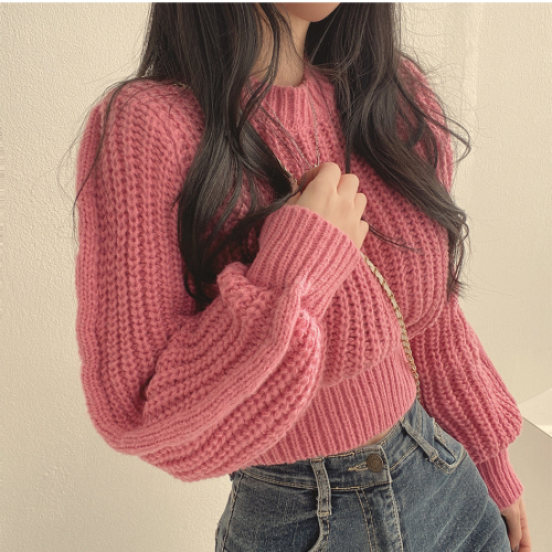 Korean version of age-reducing pink puff sleeves soft waxy sweater women's autumn and winter fashion royal sister style loose pullover knitted top