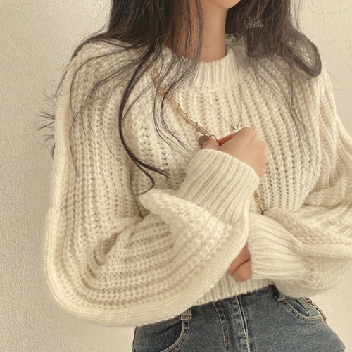 Korean version of age-reducing pink puff sleeves soft waxy sweater women's autumn and winter fashion royal sister style loose pullover knitted top
