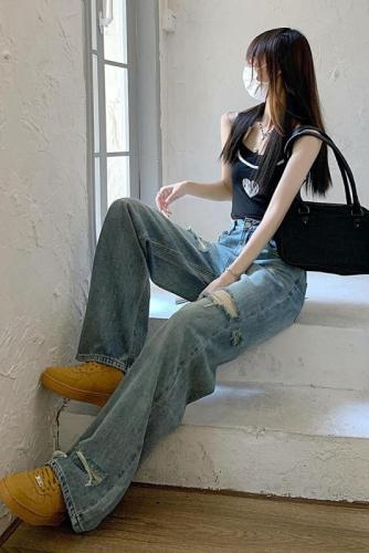 Retro Washed Distressed High Waisted Jeans Women Slim Straight Loose Wide Leg Trousers