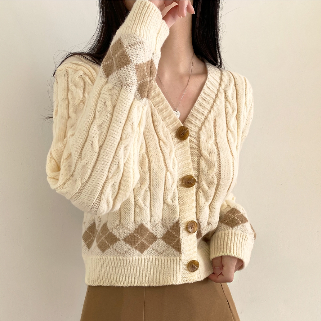 2023 new plaid hemp pattern low-neck single-breasted cardigan top Korean style long-sleeved sweater