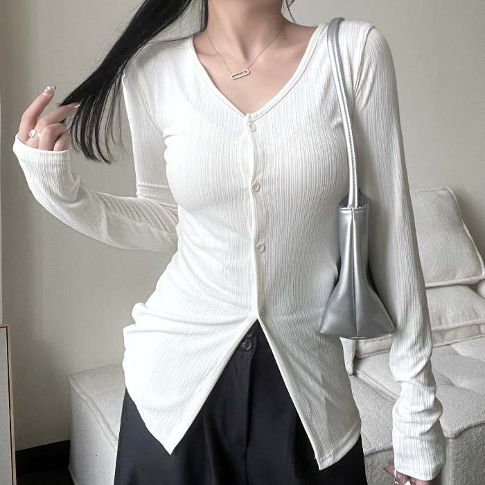 Dongdaemun Korea Hot Girl Slim Striped Texture V-neck Top Glossy Button Sunscreen Lightweight Cardigan Jacket Women