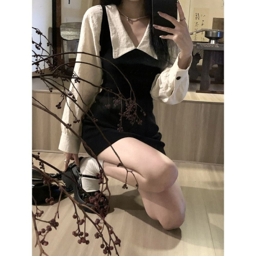 2023 autumn college hot girl style polo collar bag hip skirt black and white splicing fake two-piece shirt dress female