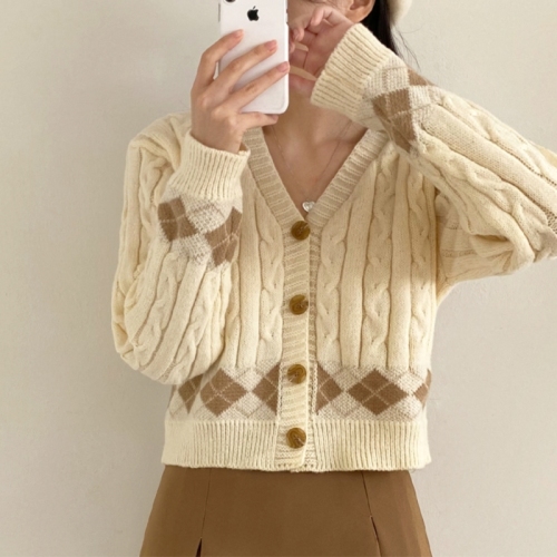 2023 new plaid hemp pattern low-neck single-breasted cardigan top Korean style long-sleeved sweater