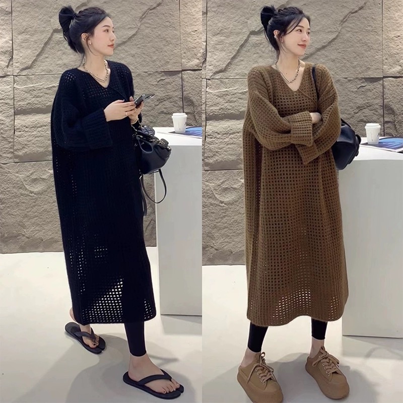 European women's clothing station 2023 new European goods fashion high-end lazy style V-neck knitted sweater loose dress women