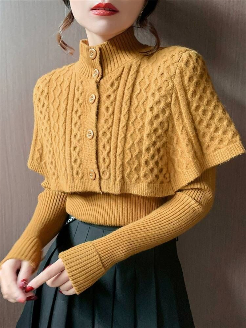 2023 autumn and winter new Korean version irregular temperament knitted sweater half-high collar breasted sweater cloak two-piece set female