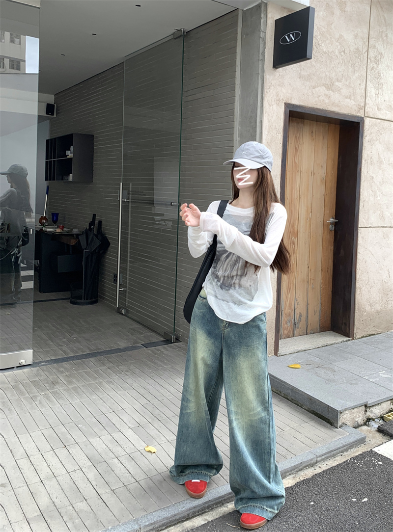 ~Retro high-waist wide-leg denim 2023 new loose casual vertical mopping pants
