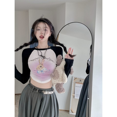 Ice Silk Thread 2.2 Hong Kong Style Sweet Spice Girls Print Contrasting Color Long-sleeved T-Shirt Female Slim