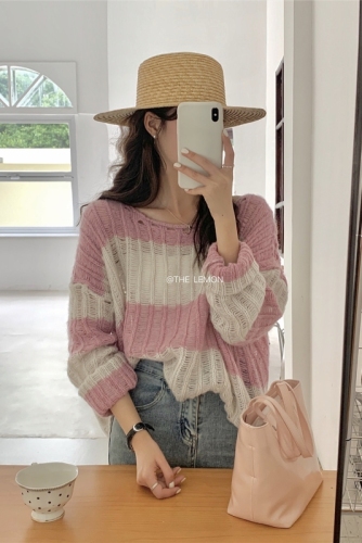 Striped knitted blouse women's  early spring new design sense niche thin section hollow loose sunscreen shirt top