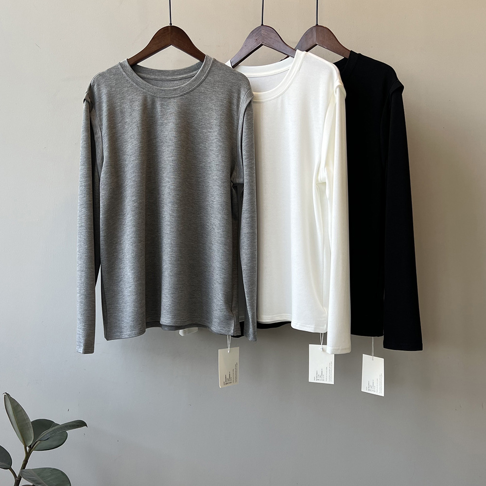 ~Round neck long-sleeved T-shirt women's 2023 autumn new Korean style design solid color loose all-match top